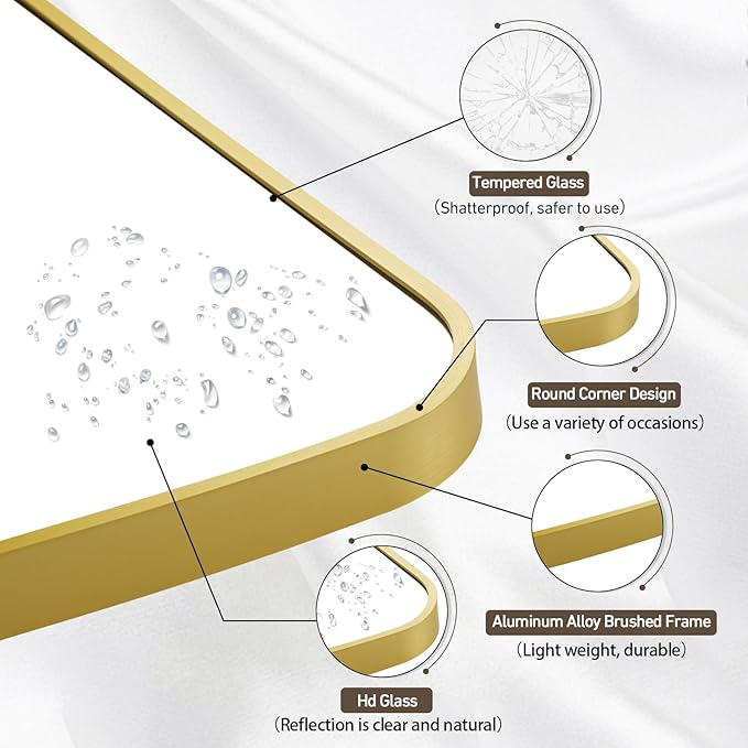 Matte Gold Mirror, 26x38 Inch Brushed Gold Mirror, Aluminum Alloy Framed Vanity Mirror, Rounded Rectangle Bathroom Mirror for Over Sink, Anti-Rust Wall Mirror (Horizontally or Vertically)