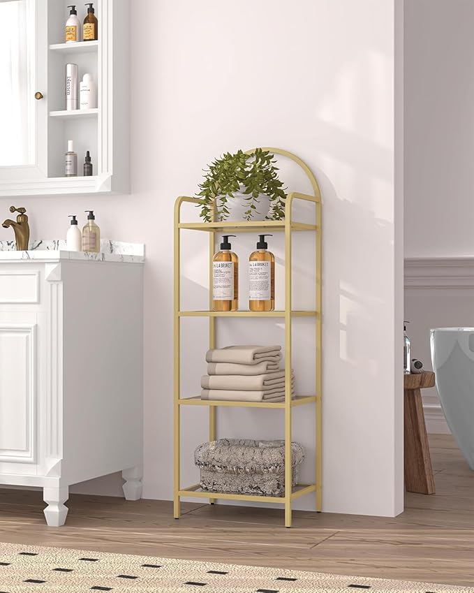 Bookcase Bookshelf, Tempered Glass Bookshelves, Slim Shelving Unit for Bedroom, Bathroom, Home Office, Steel Frame, 4 Tier Gold BC04001G