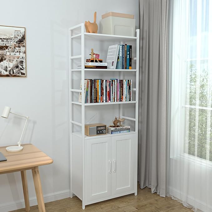 White Bookshelf with Doors,70" Tall Bookcase with Storage Cabinet,6 Tier Book Shelf for Living Room/Bedroom/Home Office/Kitchen,70"(H)*26"(L)*11.8"(W)