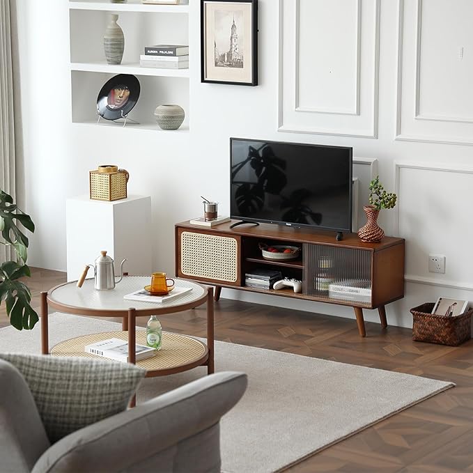 Tiita Rattan TV Stand for 55 Inch TV, Bamboo TV Cabinet with Adjustable Shelf and Storage, Boho Entertainment Center, Mid Century Modern Media Console for Bedroom, Living Room, Study, Walnut