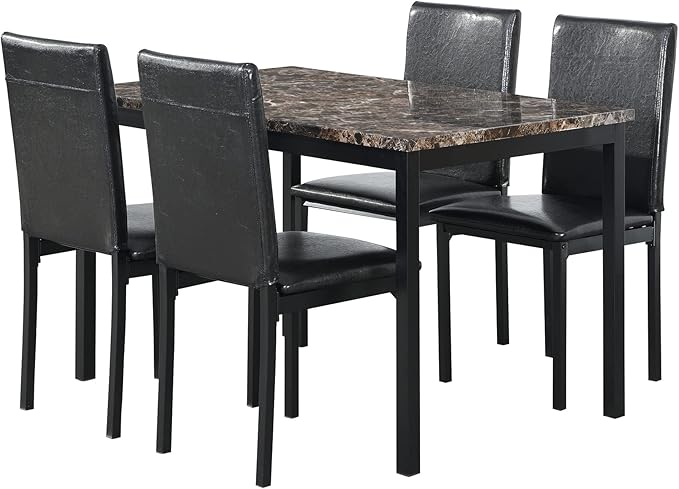 KEIKI 5 Piece Dining Table Set with 48" Marble Table & 4 PU Leather Padded Chair for 4 Person,Kitchen, Living Room,Dining Room Furniture,Easy Assembly,Black
