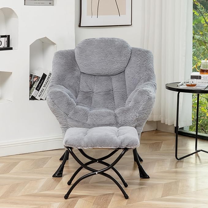 Lazy Chair with Ottoman, Modern Accent Lounge Leisure Sofa with Armrests, Reading Chair and Folding Footstool for Living Room, Bedroom, Office, Plush Grey
