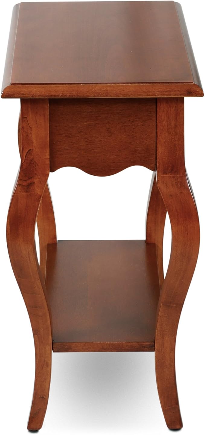Leick Home Side Table, One Drawer, French Cabriole Leg, Shelf, Solid Poplar, Brown Cherry Finish, 12.5 in W x 23.5 in D x 24 in H, 9018-BR