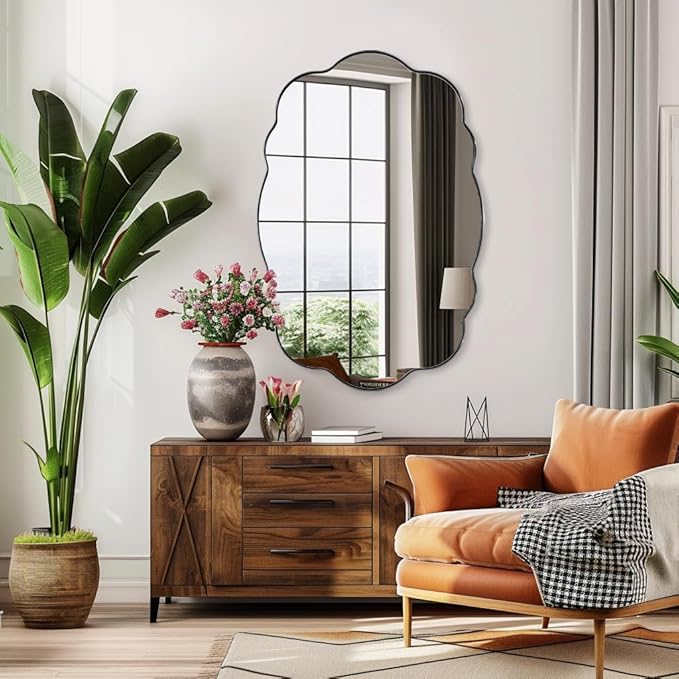 ANDY STAR Matte Black Scalloped Wall Mirror -24x36 Irregular Bathroom Vanity Mirror for Vanity, Living Room & Entryway, Anti Rust Stainless Steel Wall Mount Horizontal or Vertical