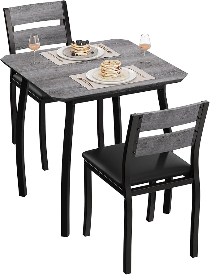 GAOMON Dining Table Set for 2, 3 Piece Small Kitchen Table and 2 Upholstered Chairs with Metal Frame & Wood Grain Tabletop for Small Space, Apartment, Kitchen, Dining Room, Black/Grey