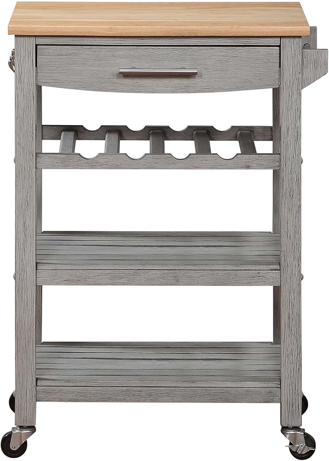 Convenience Concepts Ellaine 4 Tier Kitchen Cart with Drawer and Wine Rack, 24.75 x 16.5 x 34.5, Wirebrush Light/Butcher Block