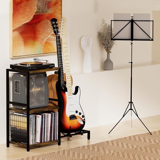 End Table with Guitar Stand,Record Player Stand,Vinyl Records Storage,2-Tier Guitar Stand for Acoustic,Turntable Stand for Music Studio-Brown