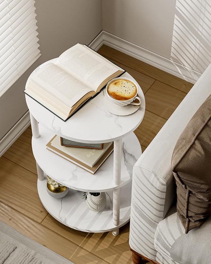 Small Round Side Table - 3-Tier Oval Accent Table for Small Spaces, Rustic Wood and Metal Couch End Table, Nightstand for Bedroom or End Table Living Room, Set of 2, Marble White