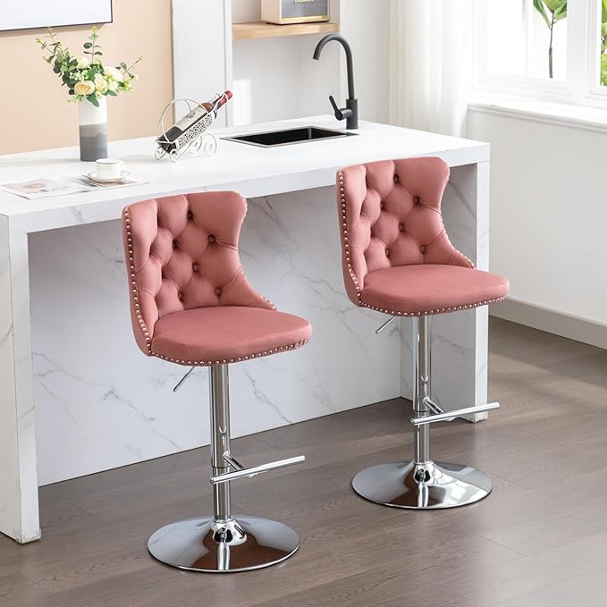 PacknWood Acosure Swivel Velvet Barstools Adjusatble Seat Height from 25-33" with Backs Comfortable Tufted Modern Upholstered Chrome Base Bar Chairs for Home Pub Kitchen,Pink,Set of 2
