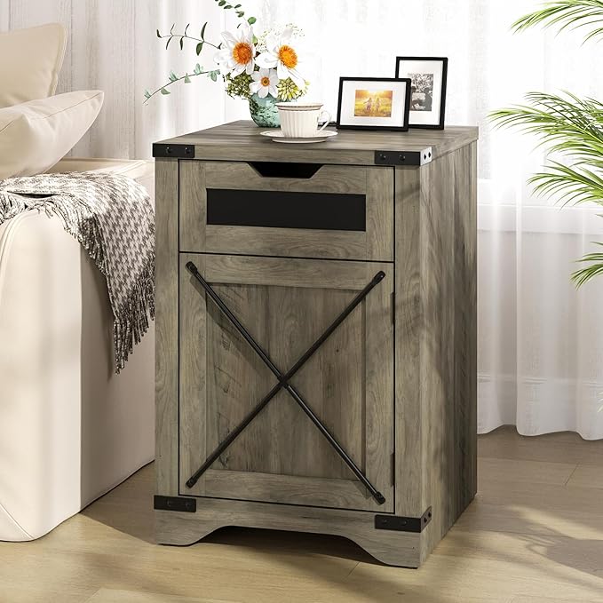 Farmhouse End Table with Charging Station, 26.4" Tall Rustic Nightstand with Drawer and X Barn Door, Country Bedside Sofa Side Table for Living Room, Grey