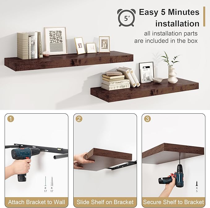 12" Deep Rustic Brown Floating Shelves,Over Toilet Long Wall Mounted Modern Farmhouse 36 inches,Wall Shelves with Invisible Brackets for Bedroom, Bathroom, Living Room, Kitchen, Set of 1