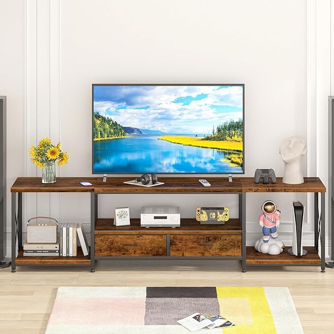 TV Stand with Fabric Drawer for 50 55 Inches TV - Entertainment Center and Industrial TV Console Table with Open Storage Shelves for Living Room, Bedroom - 47" Rustic Brown