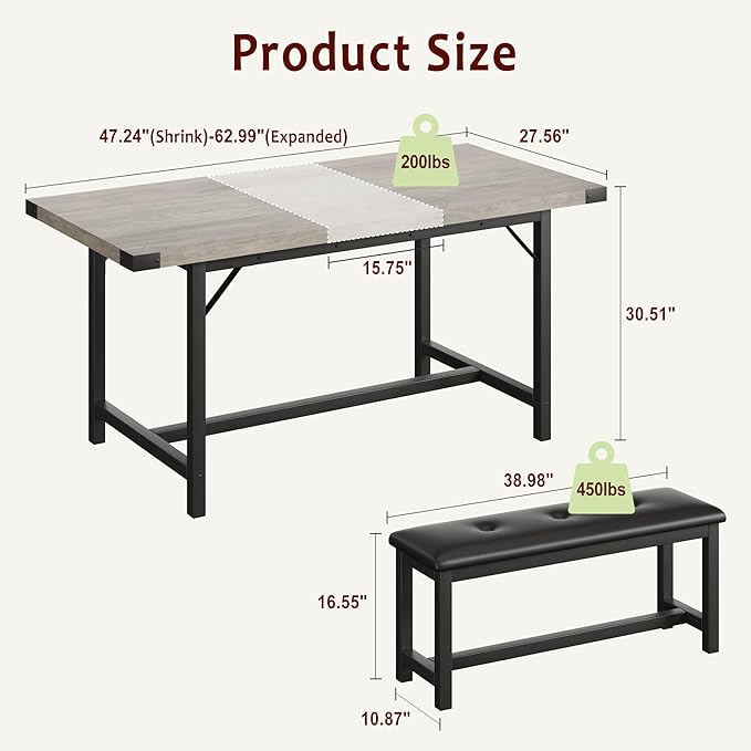 Dining Table Set for 4-6, 63“ Large Extendable Kitchen Table Set, Wood Rectangle Kitchen Table with 2 Soft Benches for Small Space, Apartment, DinnerSaving Space, Grey