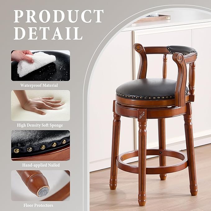 Cow top Leather Wooden Bar Stools, 360 Degree Swivel Bar Height Chair with Backs for Home Kitchen Counter, Morden Chair Barstools (Black, Bar Height-Seat Height 29.5”)