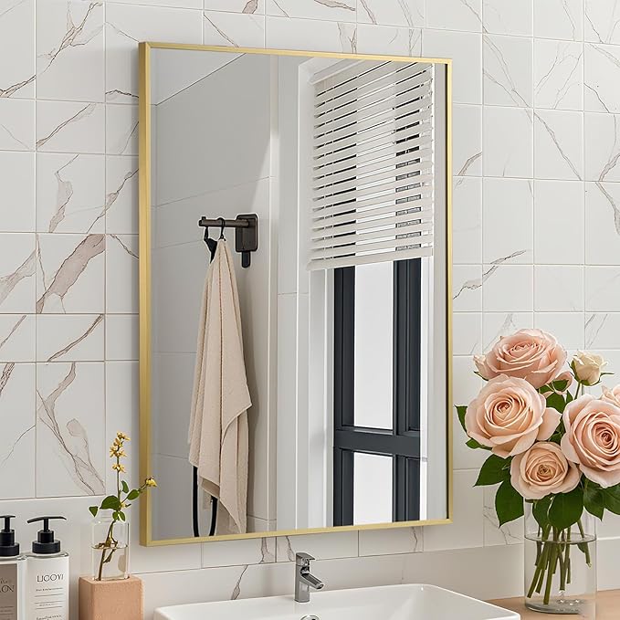 Brushed Gold Mirror, 24x32 Inch Aluminum Framed Rectangle Mirror, Anti-Rust, Tempered Glass, Square Corner Wall Mirror for Over Sink, Vanity, Bedroom, Entryway, Horizontal/Vertical