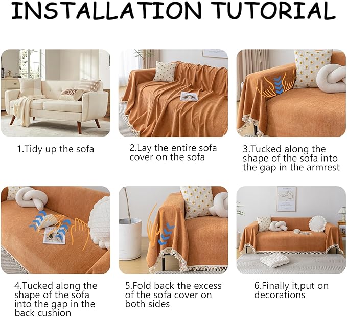 HANDONTIME Dark Orange Sofa Covers Couch Cover for Dogs Colorful Tassel Sofa Seat Cover Lovetseat Covers Pet Couch Cover Bohemian Sofa Cover for Couch Vintage Boho Couch Covers Futon Cover, 71" X118"