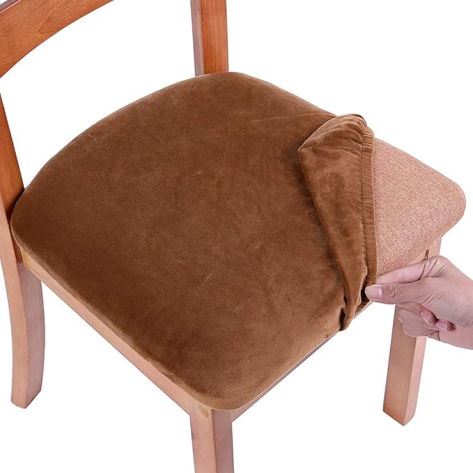 Smiry Velvet Seat Covers for Dining Room Chair Set of 2, Stretch Fit Removable Washable Chair Seat Cushion Protector Slipcovers with Ties, Camel
