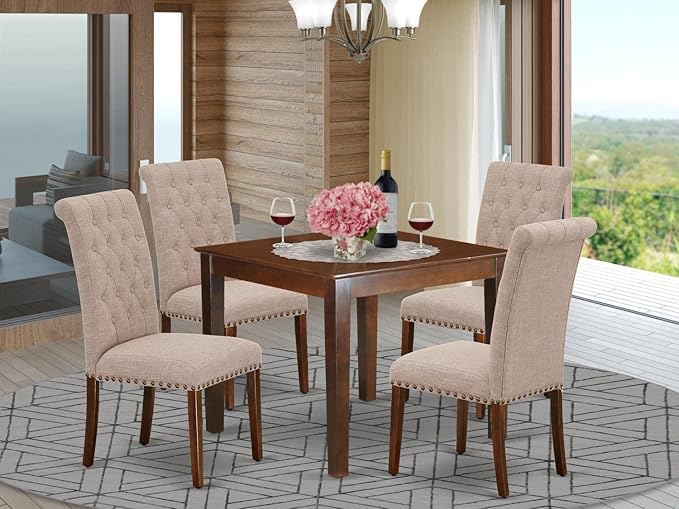 East West Furniture OXBR5-MAH-04 5 Piece Dining Room Table Set Includes a Square Wooden Table and 4 Light Tan Linen Fabric Upholstered Parson Chairs, 36x36 Inch, Mahogany