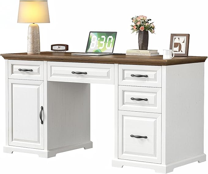 Marsail 60″ Farmhouse Executive Desk, Home Office Desk with Storage Cabinet, Charging Station, Adjustable Shelf, and File Drawer, Rustic Computer Writing Desk for Work & Study, Brown & White