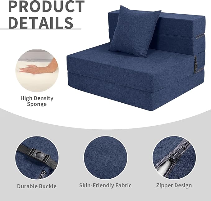 High-Density Memory Foam Folding Sofa Bed with Fluffy Pillow, Twin Size, Navy