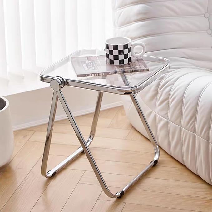 16.2" × 14.1" Acrylic Folding Table, Small Lightweight End Table for Living Room, Bedroom and Small Room, Sturdy Metal Frame with No Assembly Required, Space-Saving Storage Design (Grey)