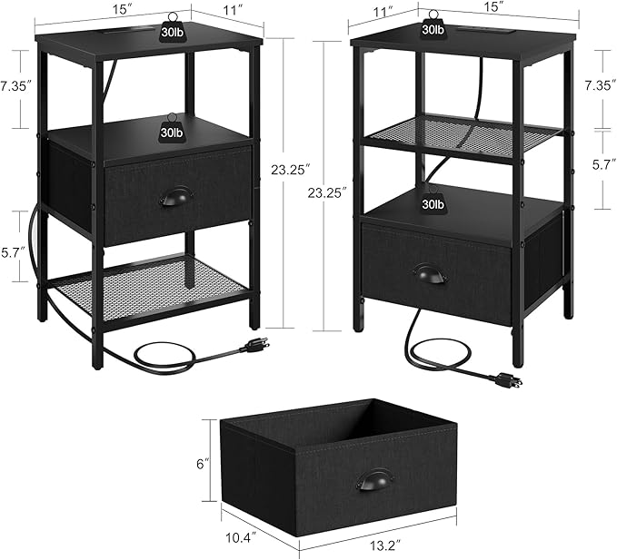 Sthmec Nightstands with Charging Station, LED Bedside Tables with Charging Station and Fabric Drawer, Night Stand with Storage, 3 Tier Side Table with Open Shelf, LED Nightstand Bedside Table,Black