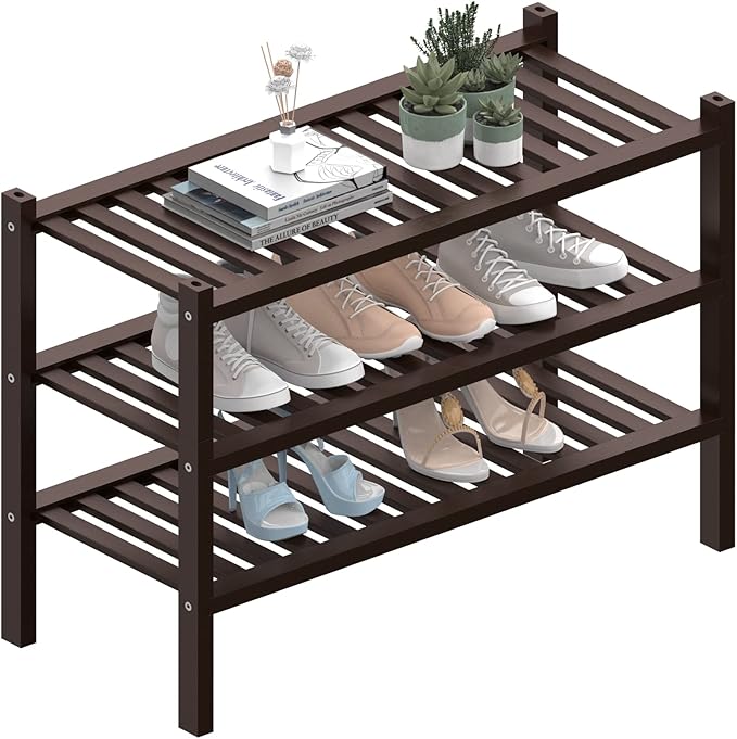 3 Tier (Thick) Bamboo Shoe Rack for Closet Free Standing Wood Shoe Shelf for Entryway Small Space Stackable 27"x12"x21" (Black Brown)