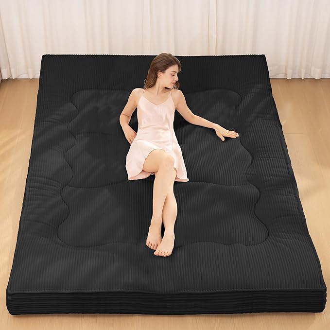 Japanese Floor Mattress, 4" Thicken Futon Mattress Queen Size Sleeping Pad, Corduroy Foldable Floor Pad, Roll Up Tatami Mat for Adults Guest Room Bedroom, Black