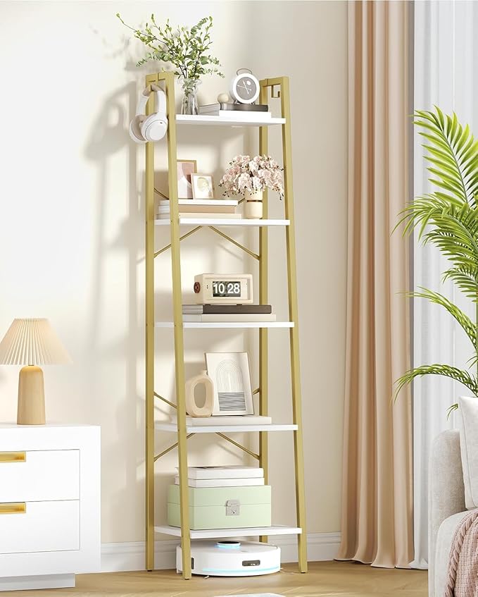 Ladder Shelf, Bookshelf Bookcase, Freestanding Corner Storage Shelve with 2 Hooks for Home Office, Living Room, Kitchen, Bedroom, Industrial, 5-Tier White Gold BC19213G