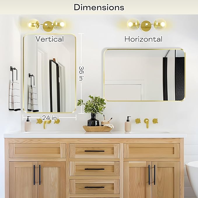 Wall Mount Mirror for Bathroom, Brushed Gold Metal Framed Rounded Corner Rectangular Vanity Mirror (24" x 36", Gold)