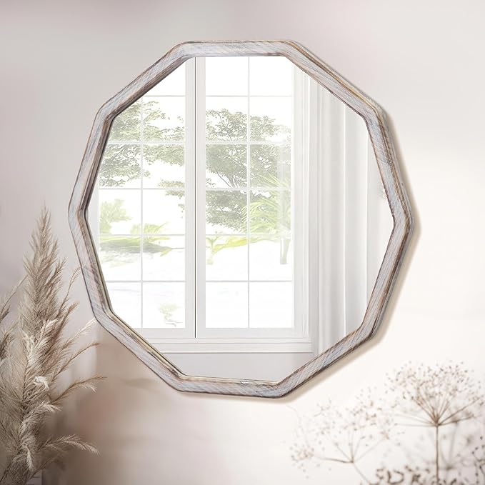 ULIKE White Wood Mirror for Wall, 30 Inch Rustic Farmhouse Mirror with Wood Frame, Decorative Wall Mounted Vanity Mirrors for Bathroom Bedroom Living Room Entryway