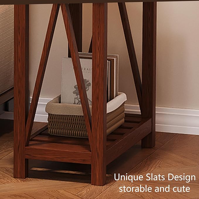 ChooChoo Farmhouse End Table, Narrow Side Table, Slim End Table with Storage Shelf for Small Spaces, Rustic Nightstand, for Living Room, Bedroom Walnut