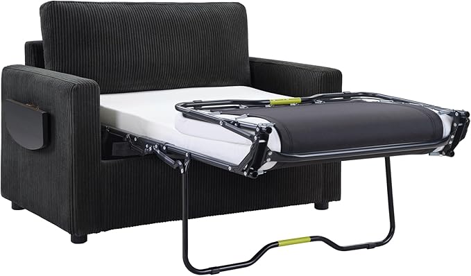 Twin Size Sofa Bed 47.2" Sleeper Sofa Loveseat Sofa with a Foldable Mattress, a Foldable Side Table, a Side Storage Pocket and Two USB Ports for Living Room, Black