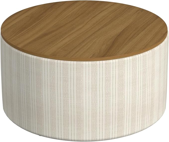 HomePop Modern Fabric Storage Ottoman with Wood Top -Marigold Pinstripe Cream Fabric