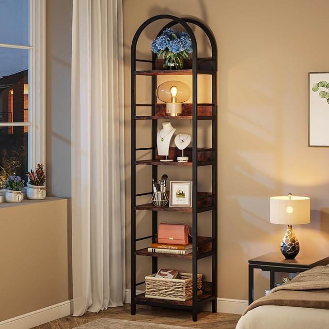 Tribesigns 6-Tier Open Bookshelf, 78.7" Tall Arched Bookcase Narrow Bookshelf with Metal Frame, Freestanding Corner Bookcase Display Shelves for Living Room, Home Office, Rustic Brown