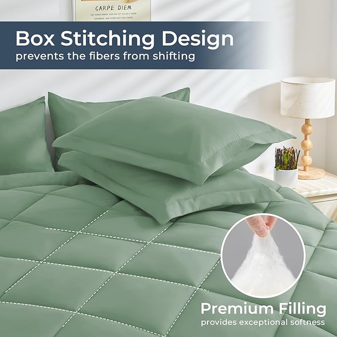 HEVUMYI Light Green Twin Comforter Set - 5-Piece All Season Bed in a Bag Twin, Ultra Soft Bedding Set with Comforter, Flat Sheet, Fitted Sheet, Pillowcases, Pillow Shams
