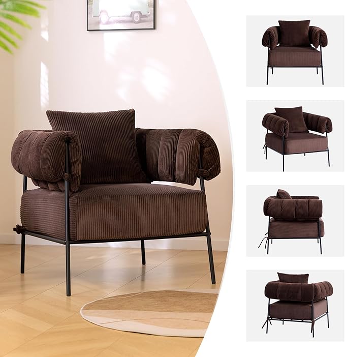 HollyHOME Modern Velvet Accent Chair, Upholstered Comfy Reading Chair, Fabric Large Lazy Arm Chair with Soft Cushion, Metal Frame Lounge Sofa Chair for Living Room, Bedroom, Balcony, Coffee