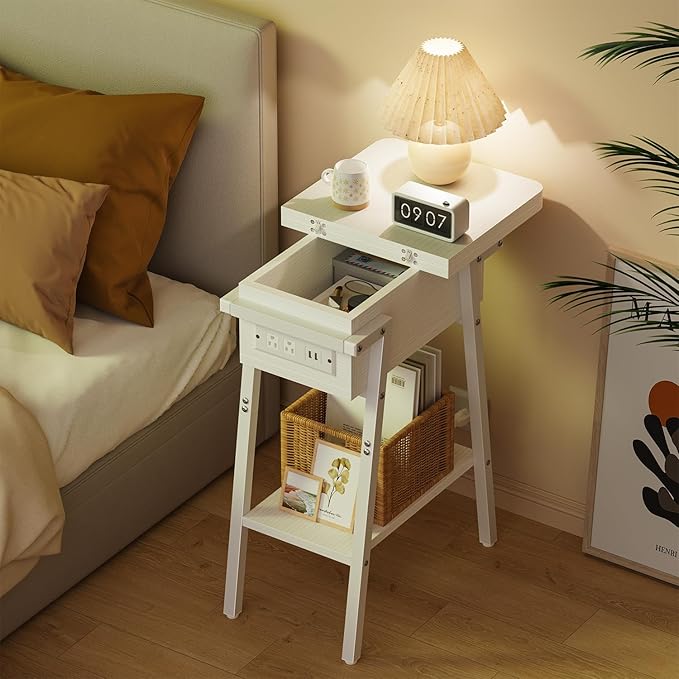 End Table with Charging Station, Flip Top Side Table with USB Ports and Outlets, Bedside Tables for Small Spaces,Nightstand with Storage Shelf for Living Room, Bedroom, White