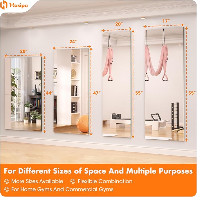 Hasipu Home Gym Mirror 48" L x 24" W - 2PCS Large Full Body Mirror for Yoga, Wall-Mounted Mirrors for Fitness, Garage, Dance Studio, 0.16in Tempered Glass Frameless