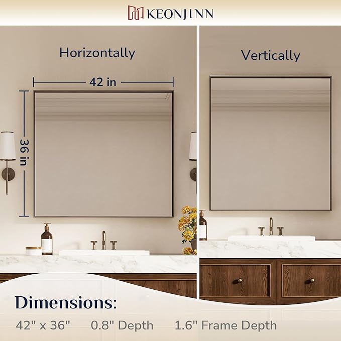 Keonjinn 42 x 36 Inch Brushed Bronze Bathroom Mirror, Rectangle Framed Vanity Mirror for Wall, Large, Modern Farmhouse, Square Corner Bronze Mirrors(Horizontal/Vertical)