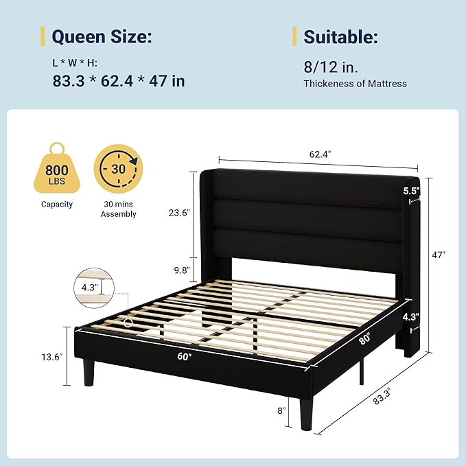 Allewie Queen Size Platform Bed Frame with Velvet Upholstered Wingback Headboard, No Box Spring Needed, Under Bed Storage Space, Strong Wooden Slats, Modern Mattress Foundation, Easy Assembly, Black
