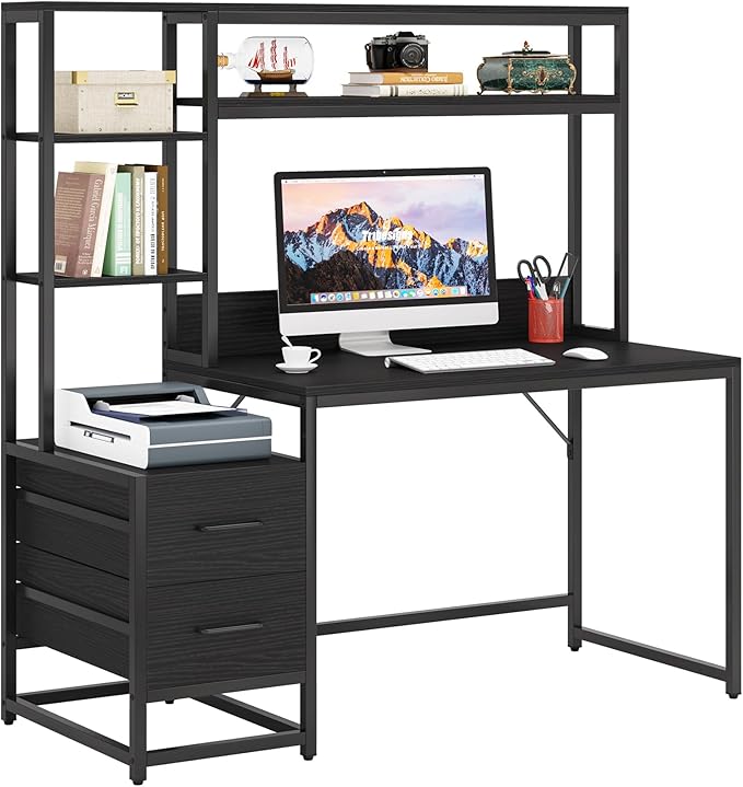 Tribesigns 55 Inch Computer Desk with 2 Drawers and Storage Shelves, Rustic Office Desk with Hutch, Study Writing Gaming Table Laptop Workstation for Home Office (Black)