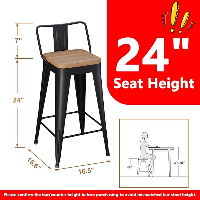 WENTMENT Metal Bar Stools Set of 2 Counter Height Barstools with Removable Back 24" Kitchen Bar Stools with Wooden Seat, Black