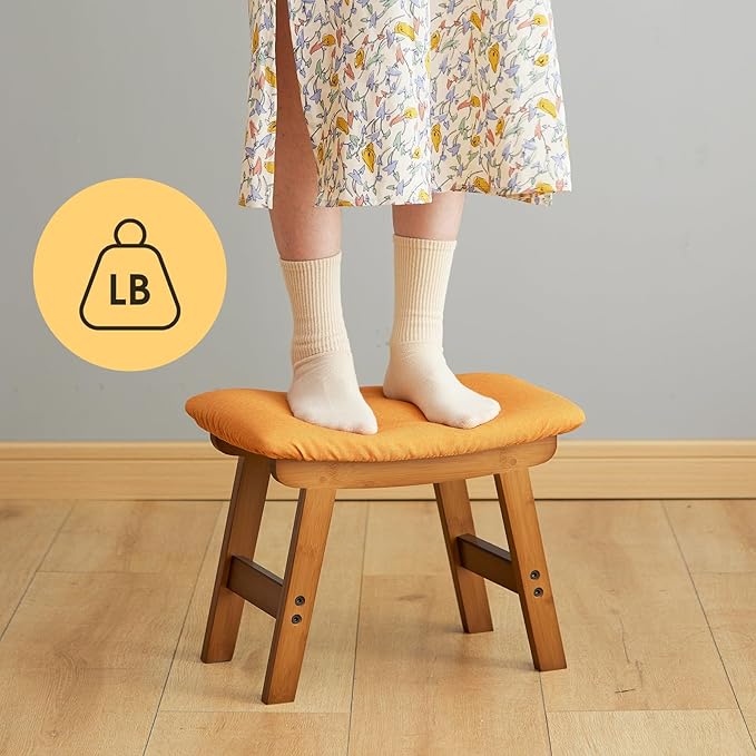 Foot Stool Ottoman Foot Rest Under Desk,Small Stool for Living Room, Bedroom and Kitchen (Brown Legs - Orange Stool Surface)