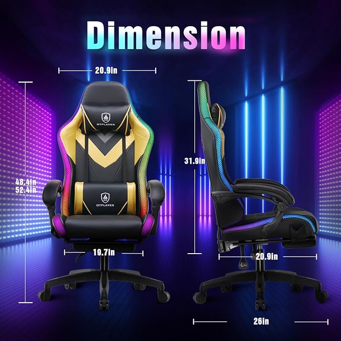 GTPLAYER Gaming Chair, RGB Gaming Chairs with LED Lights, Video Gaming Chair for Adults, Ergonomic Computer Gaming Chair with Linkage Armrest, Reclining Chair with Headrest (Without Massage, Yellow)