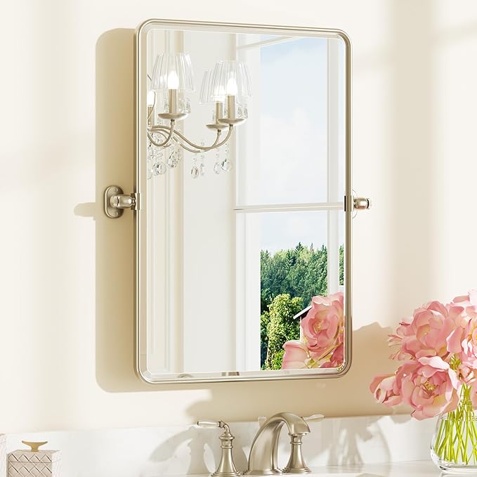 Keonjinn Brushed Nickel Pivot Mirror Bathroom, 20x30 in Tilt Mirror Bathrooms for Over Sink, Rounded Corner Modern Pivot Rectangle Mirrors, Metal Framed Beveled Bathroom Mirrors (Horizontal/Vertical)