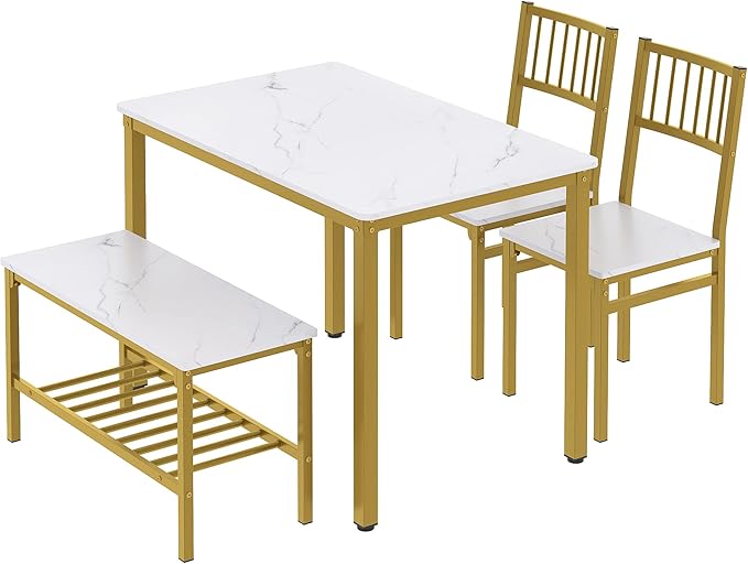 Teraves Dining Table Set for 4/Computer Desk,Kitchen Table with 2 Chairs and a Bench,Table and Chairs Dining Set 4 Picce Set for Dining Room (White Marbling+ Gold Frame,120CM)