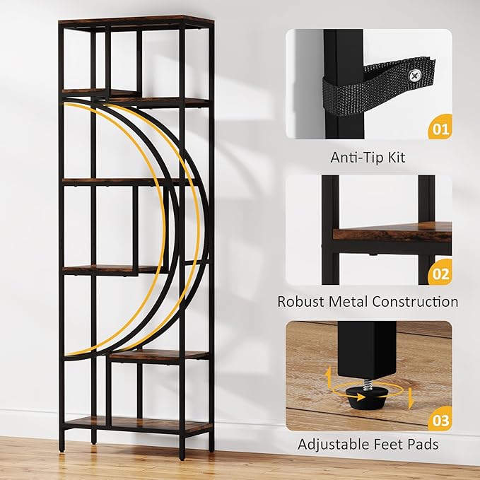 Geometric Bookshelf, 70.9" Tall Bookcase with 7-Shelf Open Shelves, Wood Metal Book Shelf Display Rack Storage Shelving Unit for Office, Bedroom, Living Room, Easy Assembly, Rustic Brown