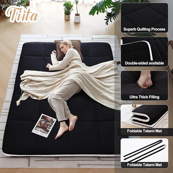 Tiita Queen Memory Foam Mattress Topper, 4" Thicken Futon Floor Mattress with Storage Bag and 2 Straps, Portable Roll Up Travel Car Camping Mattress Sleeping Pad, Black