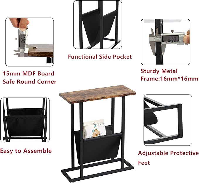 Yusong Small Narrow Side Table for Small Spaces, 17.7" W Slim End Table Magazine Table Nightstand with Storage Holder, Accent Skinny Snack Couch Bedside Table, Rustic Brown, Complete Iron Pipes